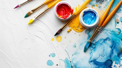 Watercolor painting with paintbrushes and paints on white background, colorful, vibrant, creative concept for kids art class or design studio banner