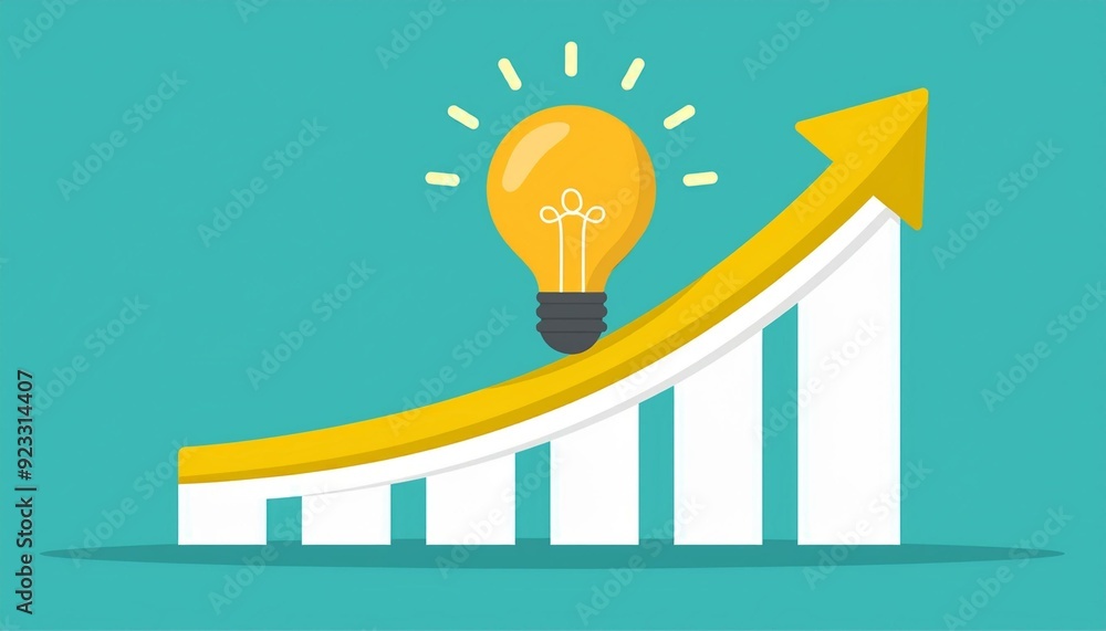 Poster growth chart with a light bulb symbolizing innovation and increasing ideas, depicting progress and s