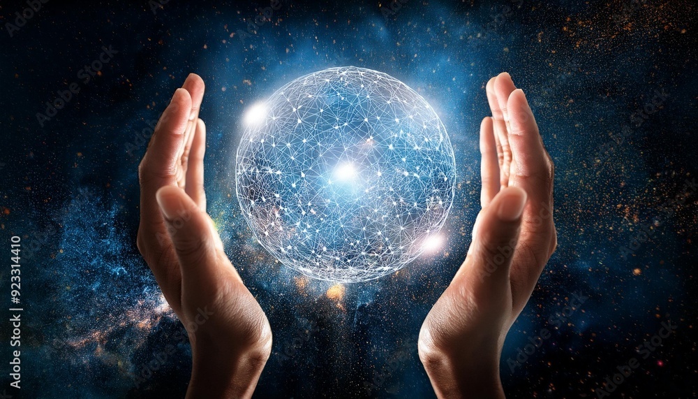Poster hands holding a digital globe with interconnected lines and sparkles against a cosmic background rep