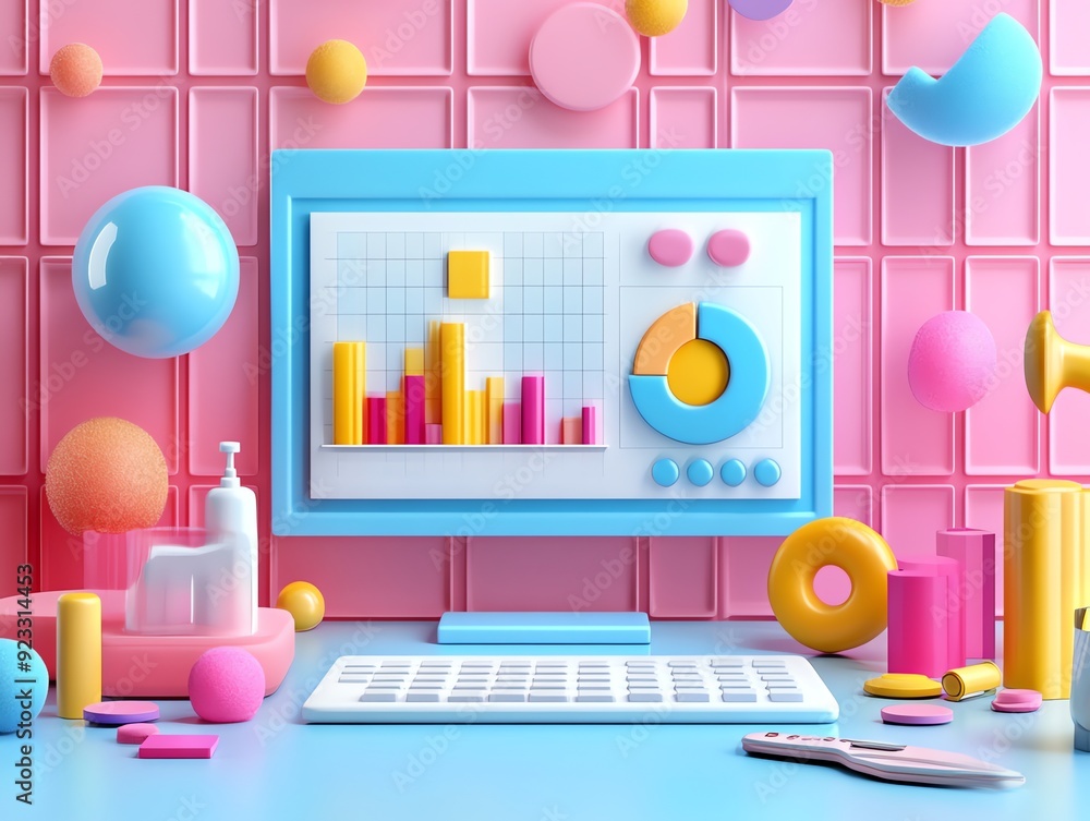Poster Colorful Geometric Desk with Computer and Charts.