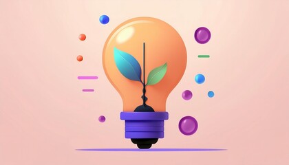 Light bulb with a green plant illustration symbolizing environmental awareness and sustainability, colorful bubbles in the background