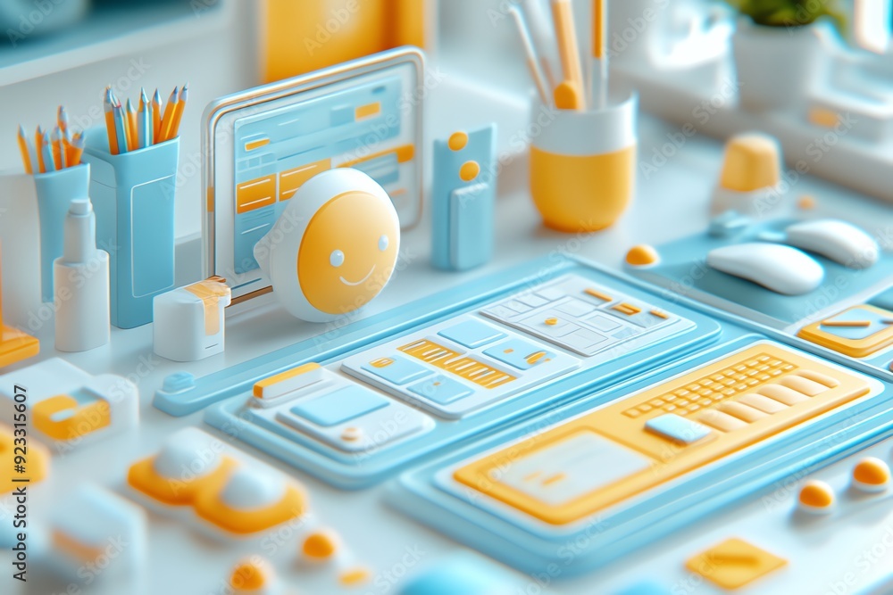 Aufkleber 3D Rendering of a Desk with a Smiling Emoji.