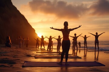 Fototapeta premium A yoga instructor leads a sunset session on the beach, emphasizing the power of fitness and wellness in the setting of a beautiful, serene sunset.