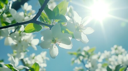 Sunlight shining through the branches of a blossoming apple tree, creating a canopy of white petals.