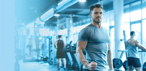 Muscular male trainer in a gray athletic shirt posing confidently in a gym with modern equipment and people exercising. Concepts of fitness, strength training, and gym motivation.