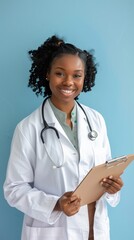 A healthcare worker with a stethoscope stands confidently, holding a clipboard and smiling warmly