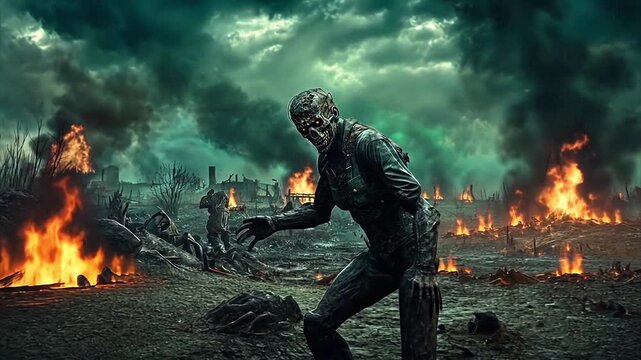 Pulling back from a zombie soldier standing in a burning landscape filled with smoke and war for Halloween meme.