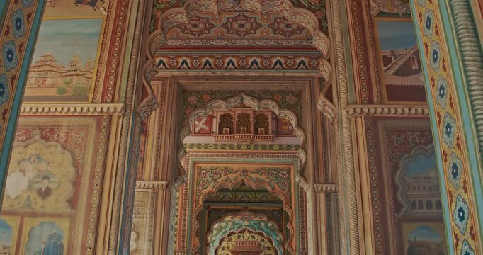 Jaipur, Rajasthan, India. Patrika Gate at Jawahar Circle. Interior inside, many Colorful ornament patterns on old walls. old Pink city