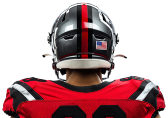 An American football player in a gray helmet with the US flag and a red uniform stands with his back to it. Transparent isolated background