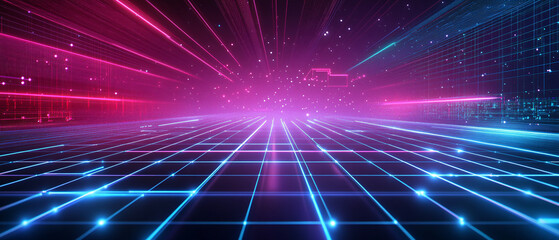Abstract Digital Grid with Neon Lights and Glowing Particles