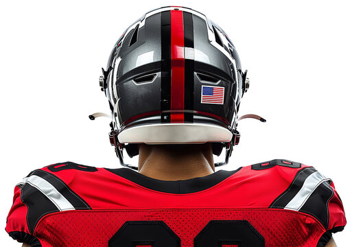 An American football player in a gray helmet with the US flag and a red uniform stands with his back to it. Transparent isolated background