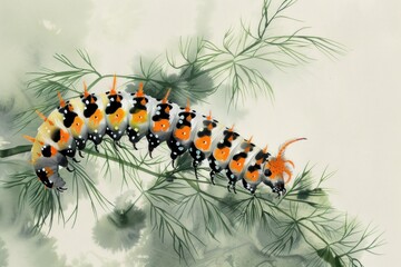 Obraz premium A colorful caterpillar resting on a green plant branch against a soft, light background
