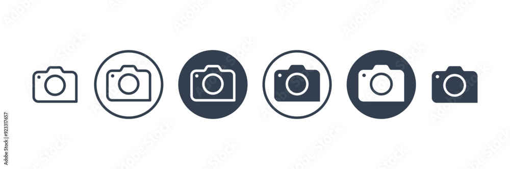 Poster camera icons set. fill and outline simple camera symbol with circle isolated on white background. fl