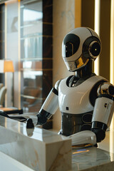 Futuristic robot receptionist at a modern, high-tech hotel front desk. Concepts of artificial intelligence, advanced robotics, and automation in hospitality.