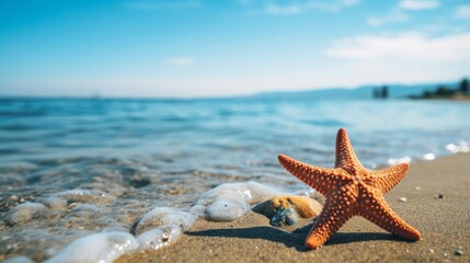 Tropical beach with sea star in sand close up. Neural network ai generated art