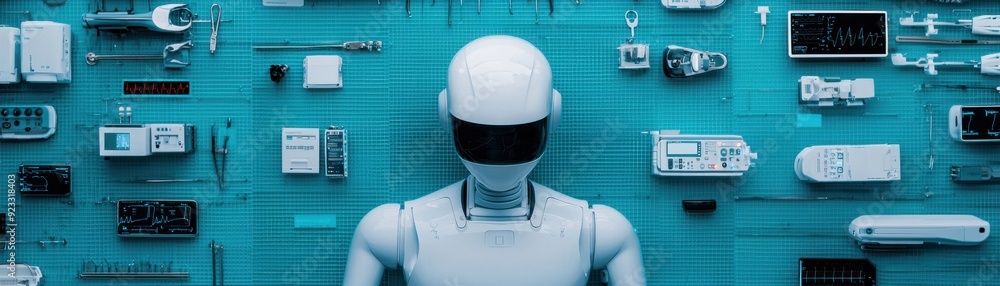 Poster a futuristic robot figure surrounded by technology, showcasing innovation and the integration of art