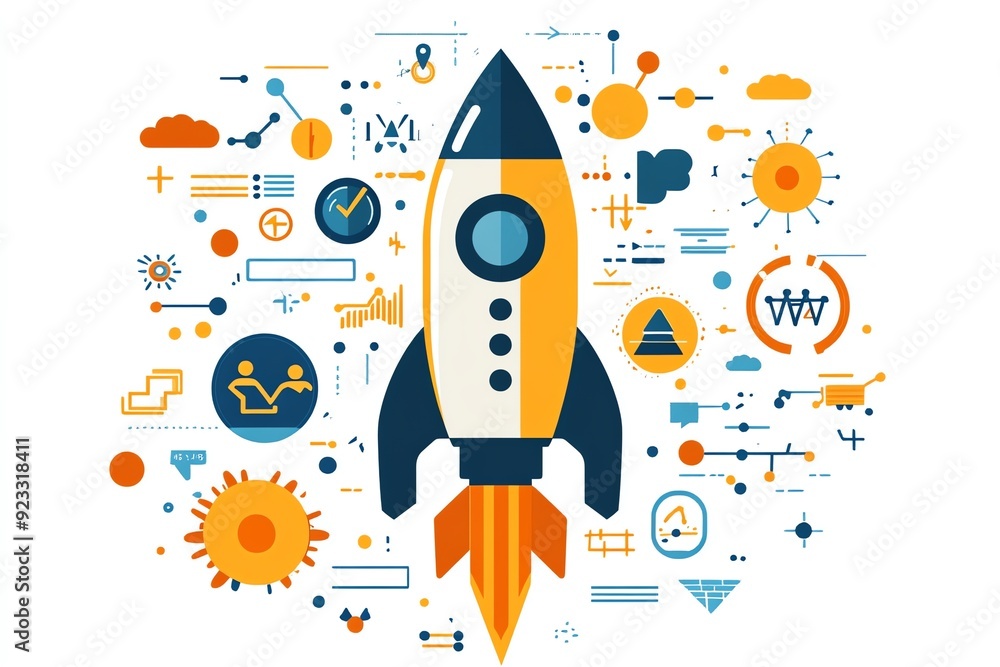 Poster abstract rocket launch concept with business elements.