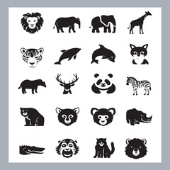 Set of logotype icons Lion, Elephant, Tiger, Giraffe, Kangaroo, Panda, Gorilla, dolphin, cat, deer, Polar Bear, Zebra, Hippopotamus illustration silhouettes in white background