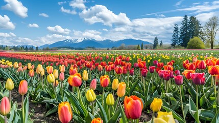 Obraz premium Vast Field of colorful tulips in full bloom, with a snow-capped mountain range in the background and a bright blue sky with fluffy clouds.