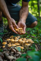 Man Picking Mushrooms in Woods