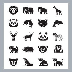 Set of logotype icons Lion, Elephant, Tiger, Giraffe, Kangaroo, Panda, Gorilla, dolphin, cat, deer, Polar Bear, Zebra, Hippopotamus illustration silhouettes in white background