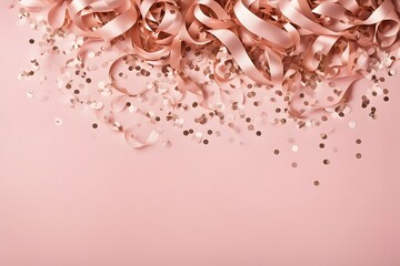 Glittering rose gold confetti and ribbons cascading gracefully against a blush pink background, AI Generated
