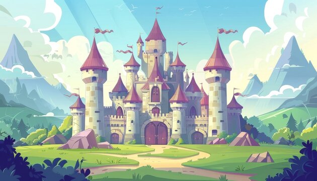 Majestic castle in a verdant valley. Majestic castle on verdant hilltop. Cartoon game illustration background.