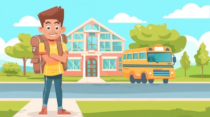 Naklejka premium A cute cartoon school boy stands in front of the bus, with his back to him is an illustration style. High quality photo