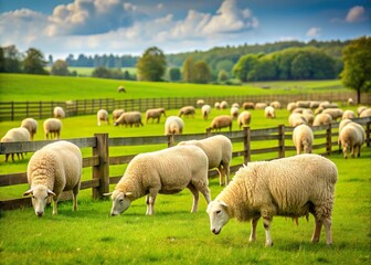 Fototapeta premium sheep graze and eat grass on meadow field in animal farm