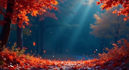Ethereal autumn landscape, vibrant red and orange leaves, serene pathway, copy space available, adaptable for marketing, education, and wellness feel.