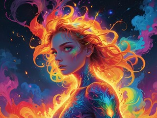 Anime-style fantasy artwork featuring a lady silhouetted by flames