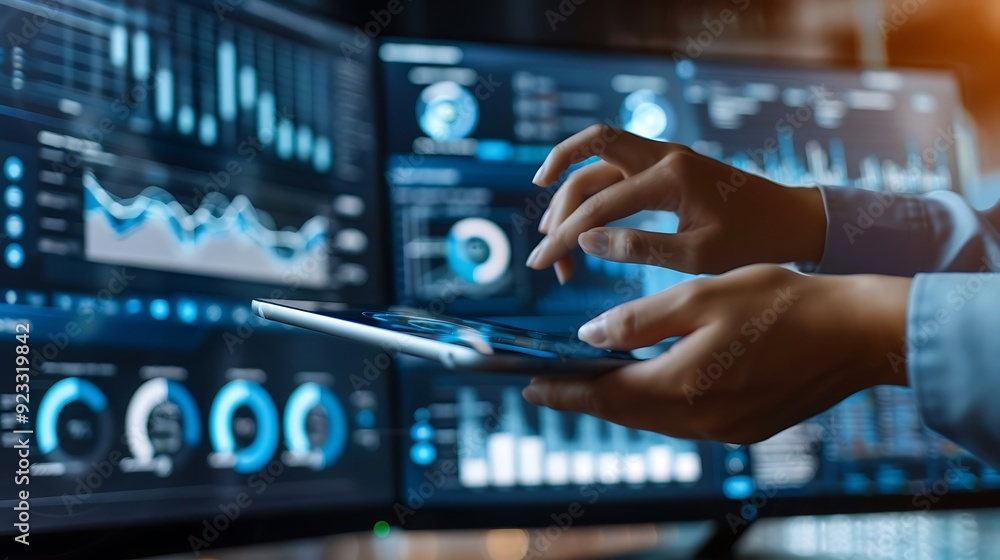 Poster businesswoman analyzes data on a tablet with computer monitors displaying charts and graphs in the b