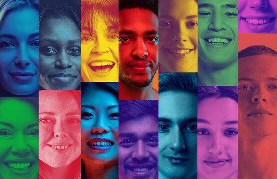 Vibrant collage of faces, each shining through bold, colorful stripes, captures joy and diversity of humanity, weaving together unique expressions in harmony. Concept of youth, social equality. Ad