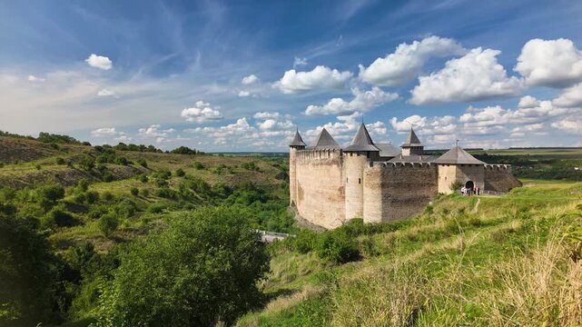 Khotyn Fortress Romanian: Cetatea Hotinului is a fortress of the 10th-18th centuries, huge walls and towers on the banks of the Dniester, time lapse accelerated video