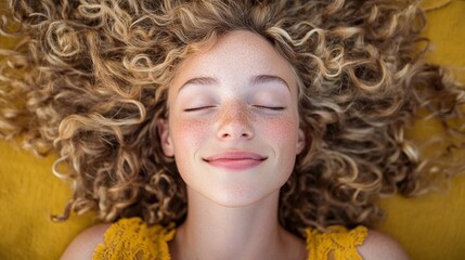 A beautiful woman with curly blonde hair, lying down on her back in golden , eyes closed and smiling as she looks up at the sky