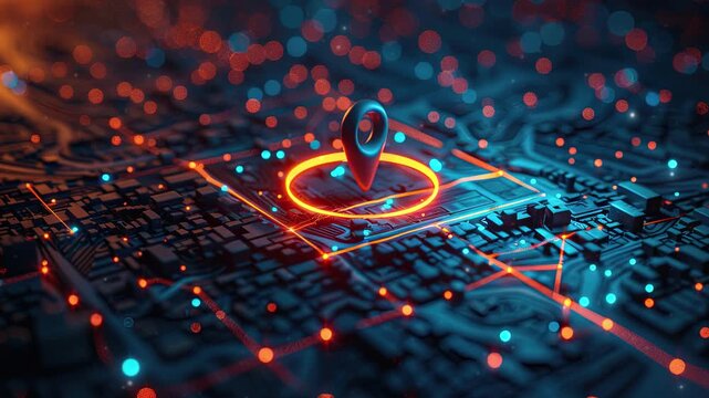 Location pin in a circuit board pattern, geolocation map mark, digital futuristic background