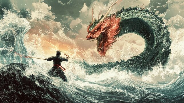 A brave japanese wariror fighting a formidable dagon