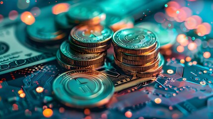 Close up of Bitcoin Cryptocurrency Coins on a circuit board, representing the digital and technological aspects of cryptocurrency.