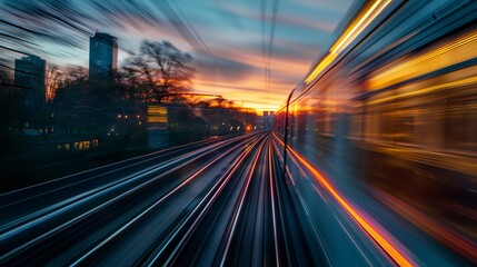 Fototapeta premium A blurry photo of the sky at dusk, with an electric train moving fast in motion blur, creating streaks of light against the evening backdrop