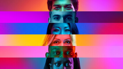 Colorful collage o diverse eyes in horizontal strips, with vibrant gradient backgrounds,...