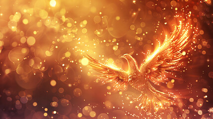 Naklejka premium Phoenix bird with spread wings is rising from flames against a sparkling background