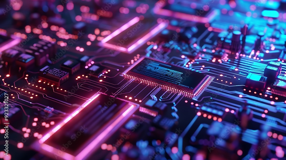 Poster close-up shot of a circuit board with glowing lights, showcasing the intricate network of wires and 
