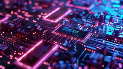 Fototapeta premium Close-up shot of a circuit board with glowing lights, showcasing the intricate network of wires and electronic components.