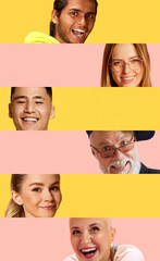 Vibrant collage of smiling people, each in horizontal strips against yellow and pink backgrounds,...