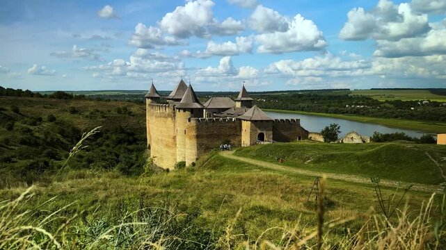 Khotyn Fortress Romanian: Cetatea Hotinului is a fortress of the 10th-18th centuries, huge walls and towers on the banks of the Dniester, time lapse accelerated video