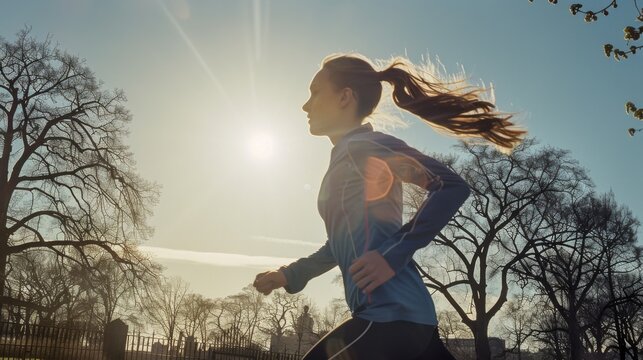 A runner strides confidently through a park in the early morning light, the sun creating a glowing halo around her in the crisp air.