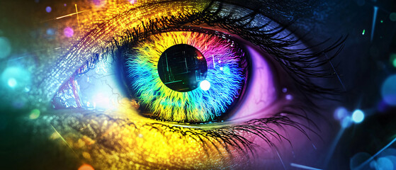 Obraz premium Closeup of a Colorful Eye with Rainbow Iris and Digital Abstract Background, Closeup of a Colorful Eye with Rainbow Iris and Digital Abstract