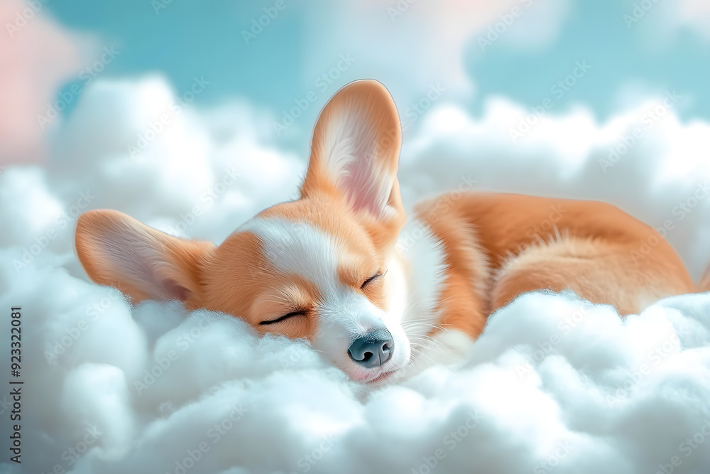 Wall mural adorable sleeping corgi floating on fluffy cloud in pastel sky combine realistic dog features with k