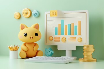 Cute cat at desk with computer, keyboard and gold coins.