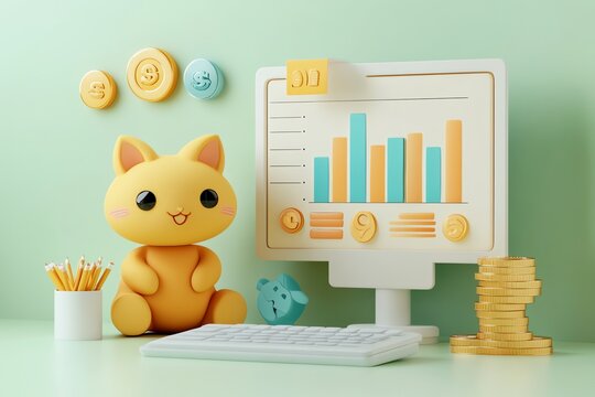 Cute cat at desk with computer, keyboard and gold coins.
